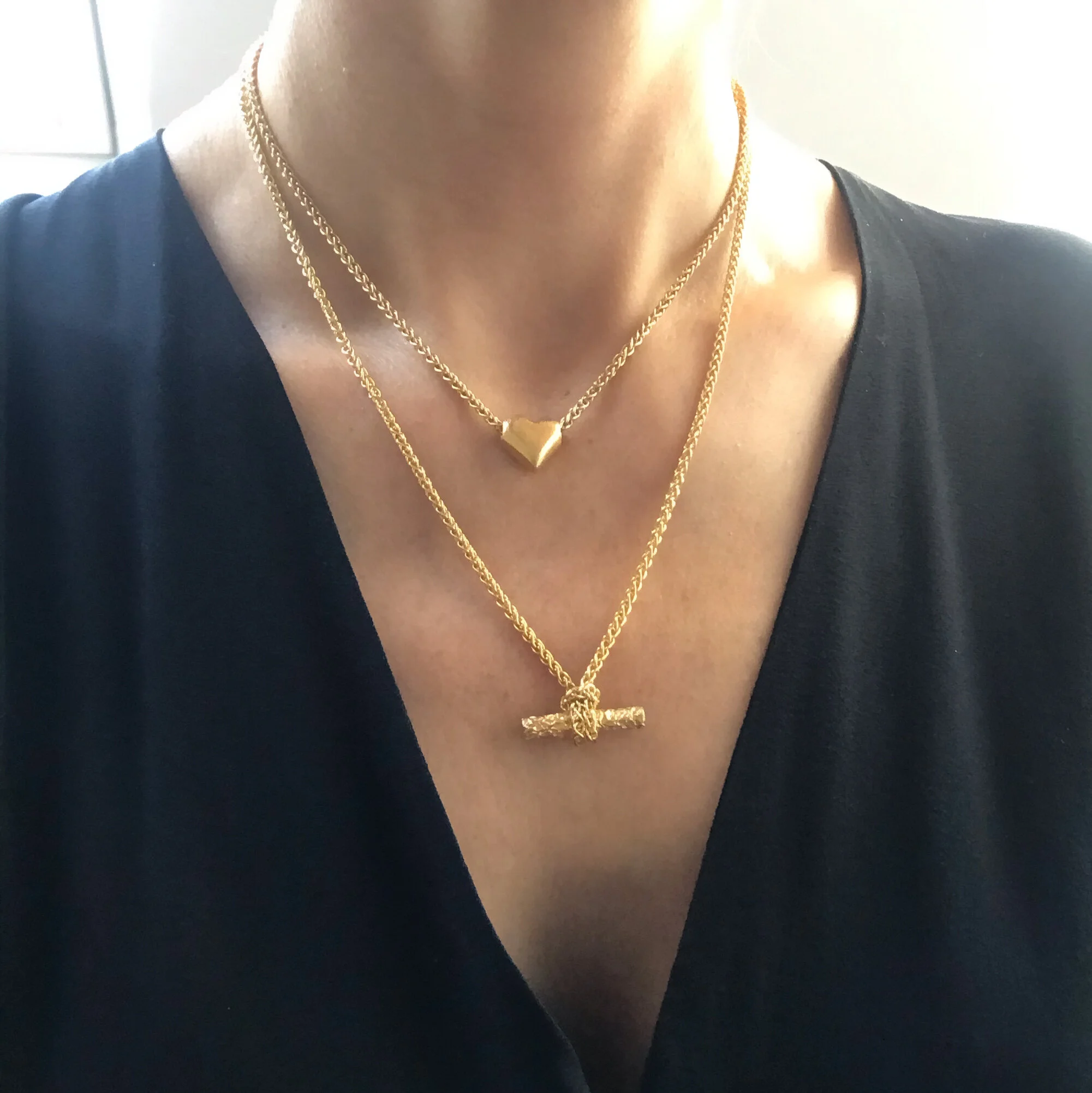 Handmade knotted T Bar Necklace, crumpled 18 carat gold bar, affixed by knotted chain. Solid sterling silver, gold plated