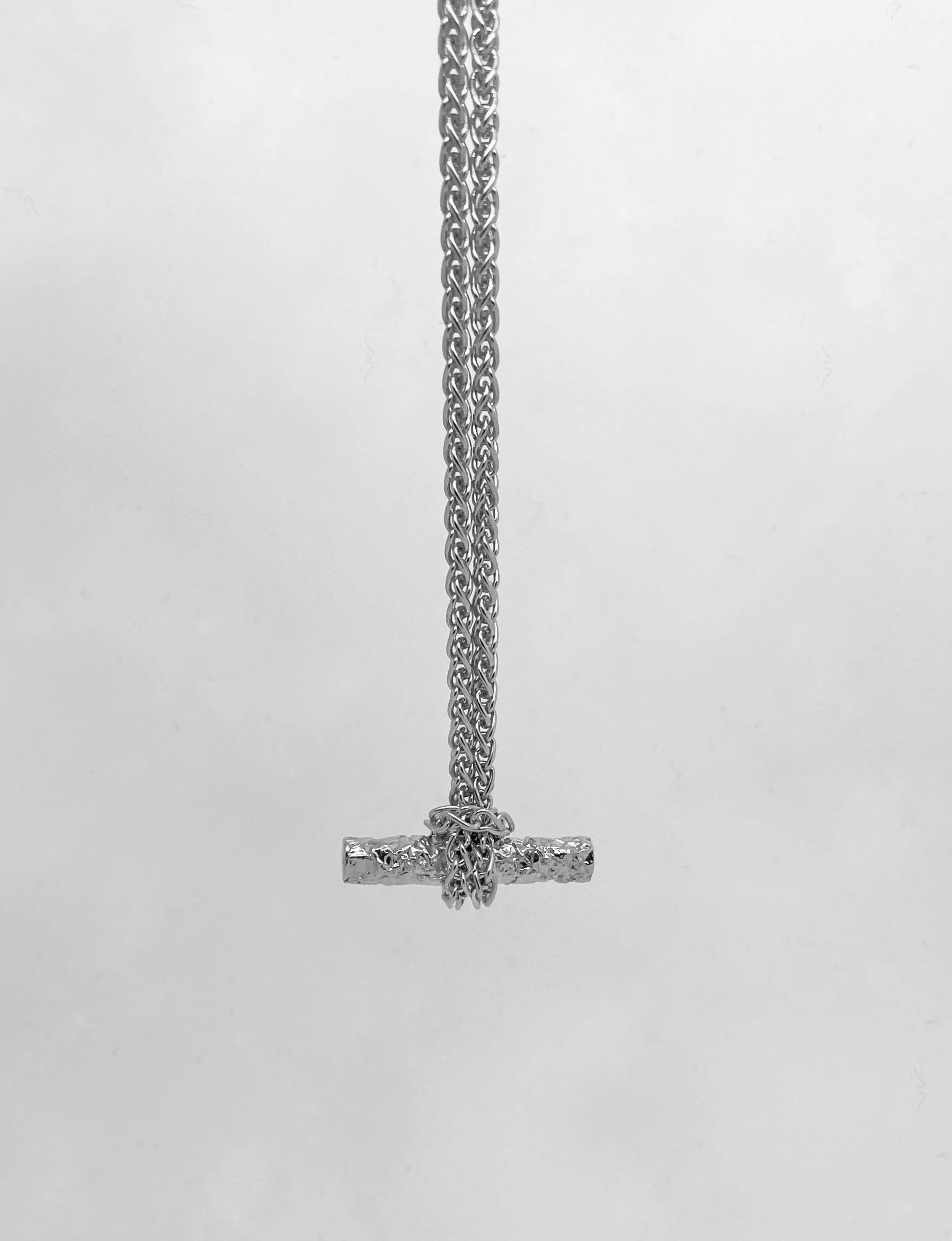 Silver albert chain T bar necklace, spiga chain knotted textured bar, handmade in london, jewellery designer Sarah Ruddock