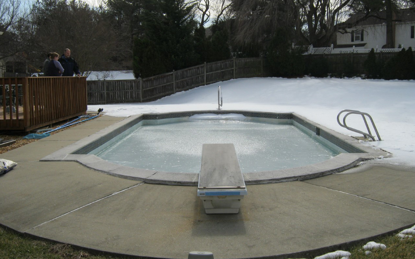  This pool, beyond the noticeable missing tile, sunken patio, and cracked coping, also shows signs of beam damage around the shallow end entrance. The client wanted to bring this pool up to speed. Our design team came up with an excellent update plan