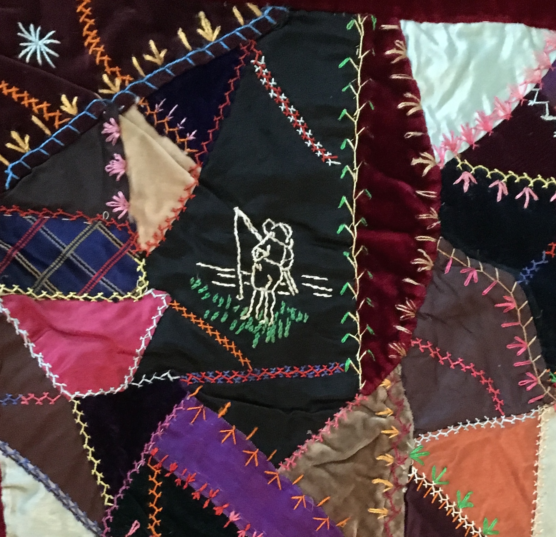 Crazy Quilts were usually made by women of leisure who had time to embellish and funds to afford luxurious fabrics