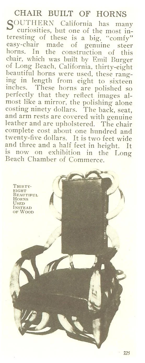 This 38 horn chair was displayed in the Long Beach, Ca. Chamber of Commerce office in 1914