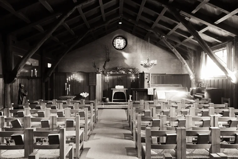 The "Mission" style interior of the 1895 Bernard Maybeck designed Swedenborgian Church in San Francisco