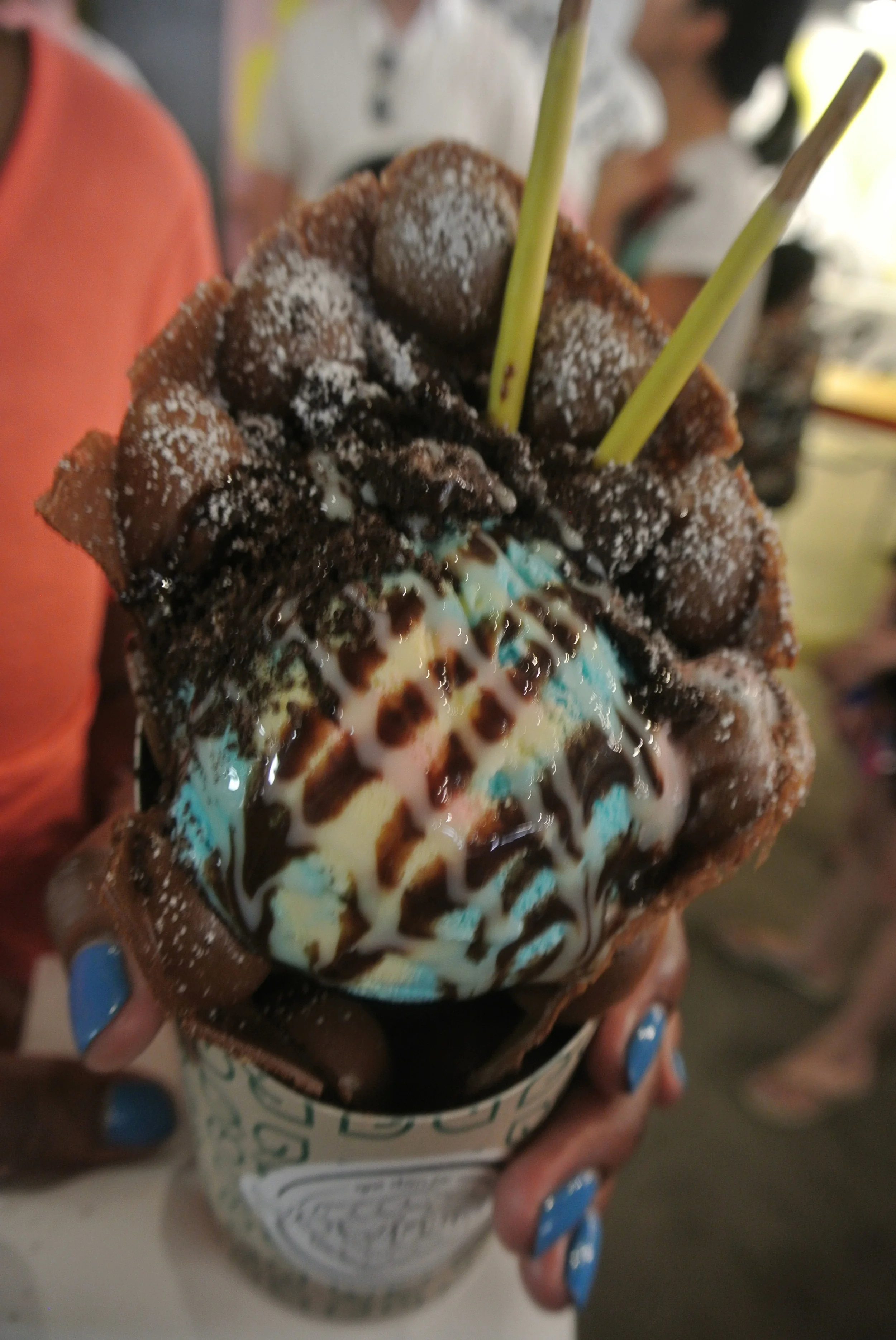 Chocolate waffle, Crazy Vanilla ice cream, Oreo, hot fudge, condensed milk, chocolate banana Pocky