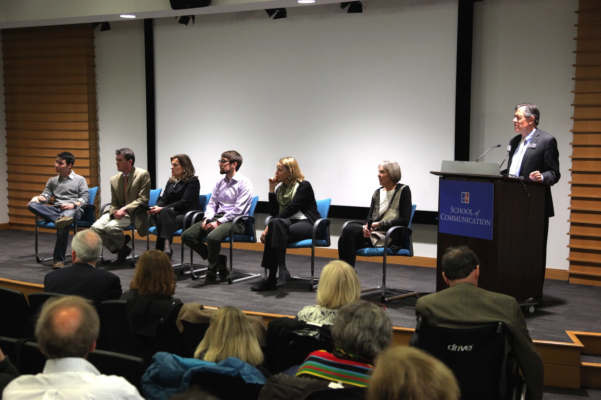Panelists from left to right: Editor Adam Lee ; Mike Kane from the Piedmont Environmental Council; Cate Wyatt , character and former Secretary of Commerce and Trade for the Commonwealth of Virginia; Producer and Director Sam Sheline ; Tracey Shafroth , character and former Director of the Prince Charitable Trusts; and Kristin Pauly , Executive Producer. The panel was moderated by Chris Palmer , Executive Director of the film, and Director of American University's Center for Environmental Filmmaking. 