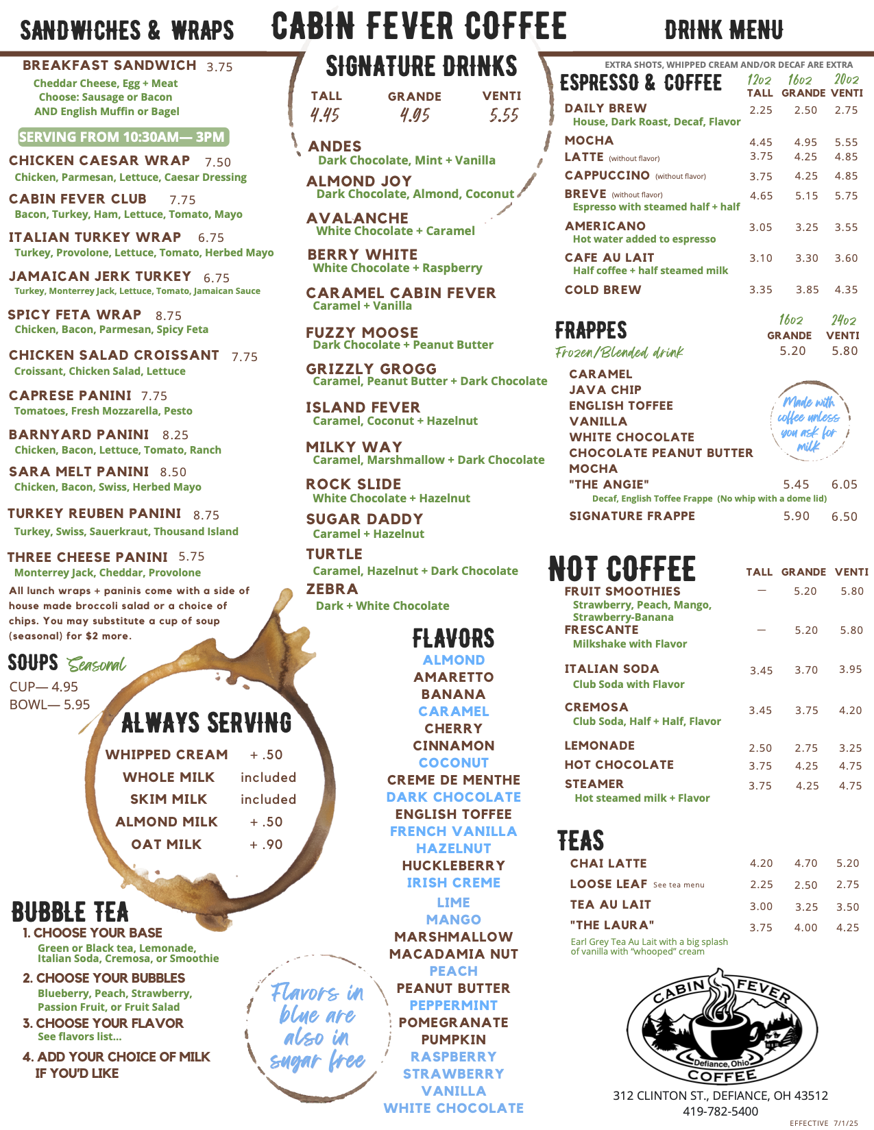 Downtown Cabin Menu