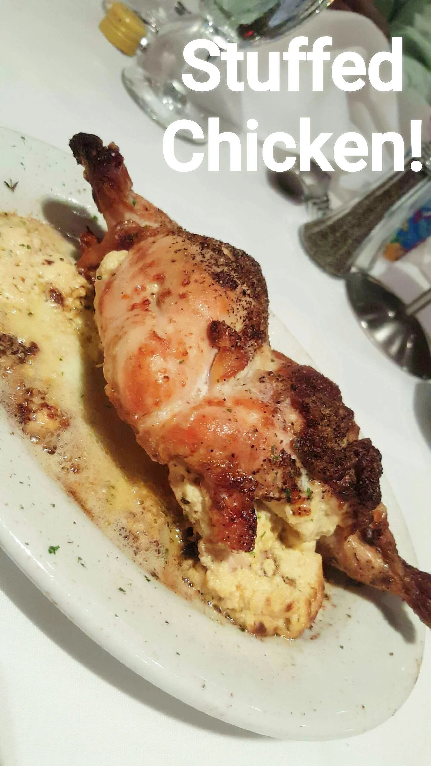 Free-range, double-breasted chicken that's been oven roasted, stuffed with garlic herb cheese and topped with lemon butter.