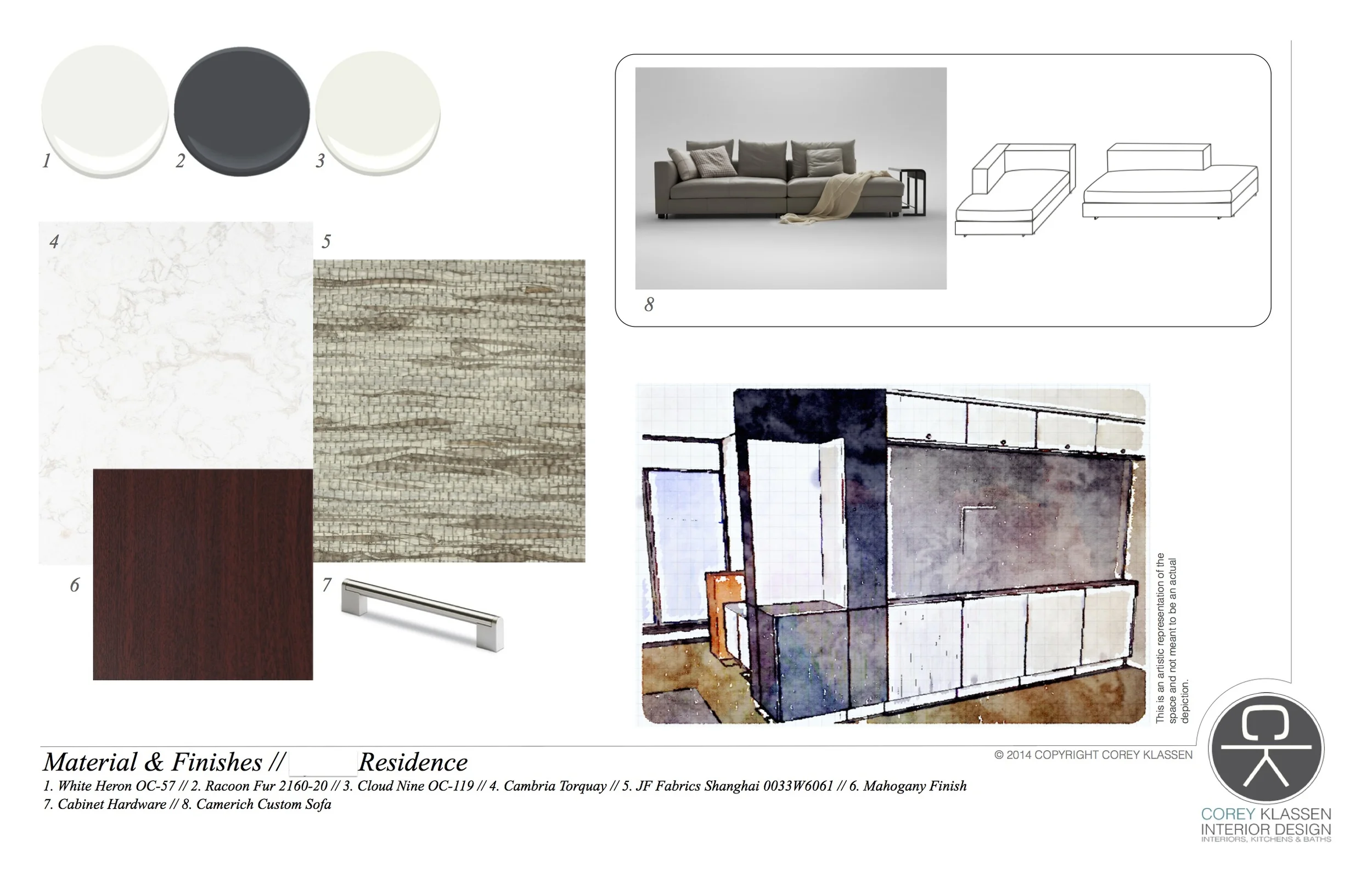 The concept board: yes, I know, Racoon Fur strikes again! This time, it's marrying a matte with high-gloss, whites, JF Fabrics Shanghai grass cloth... and just you wait for the new entry closet details because they are SPESSSSSH-AL!