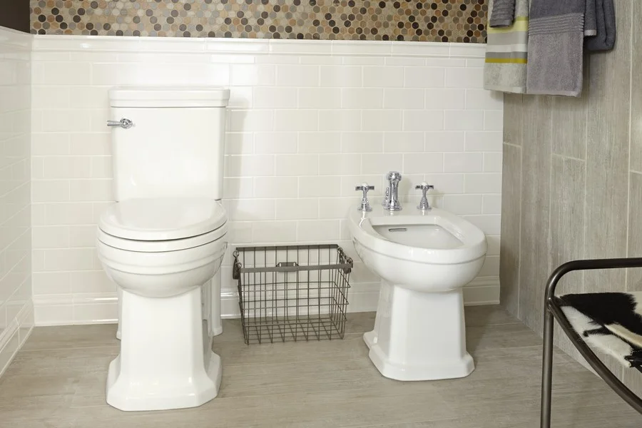 Lofty Visions, Corey's creation for DXV by American Standard, features the Fitzgerald toilet and bidet.
