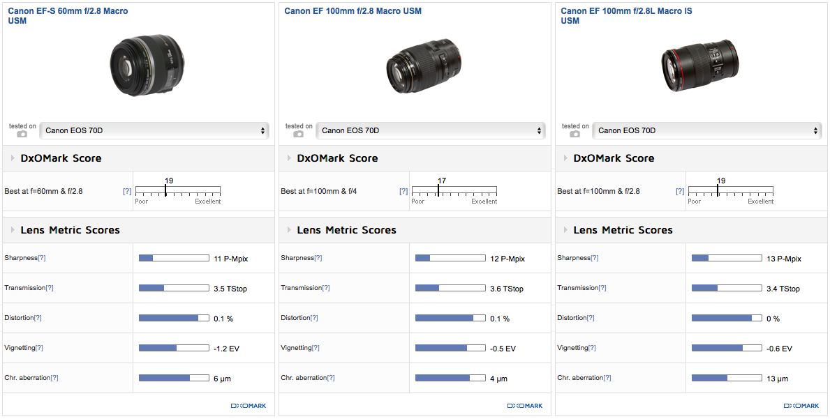 I have mounted the two full frame lenses on the 5DsR below to compare the sharpness on full frame bodies. There is still only a slight difference of 3 perceptual megapixels on a high resolution full frame body. In real world applications there is not going to be a discernible difference between the two. I have heard several professional photographers say they use the 100mm f/2.8 USM, love the lens, and see no reason to get the L version. I personally do not think the difference in sharpness between those two lenses is enough to justify the extra cost. I do not see image stabilization being a huge factor in macro photography either, because you will often be shooting on a tripod and you frequently have to have a shutter speed that is fast enough to stop subjects that are moving in the wind.