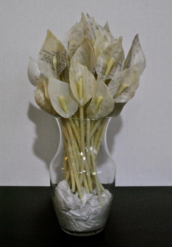 Funeral for my ex-lovers (calla Lilies.) collective total: fifty-six lilies. encaustic wax, paper, ink transfer. 2013.
