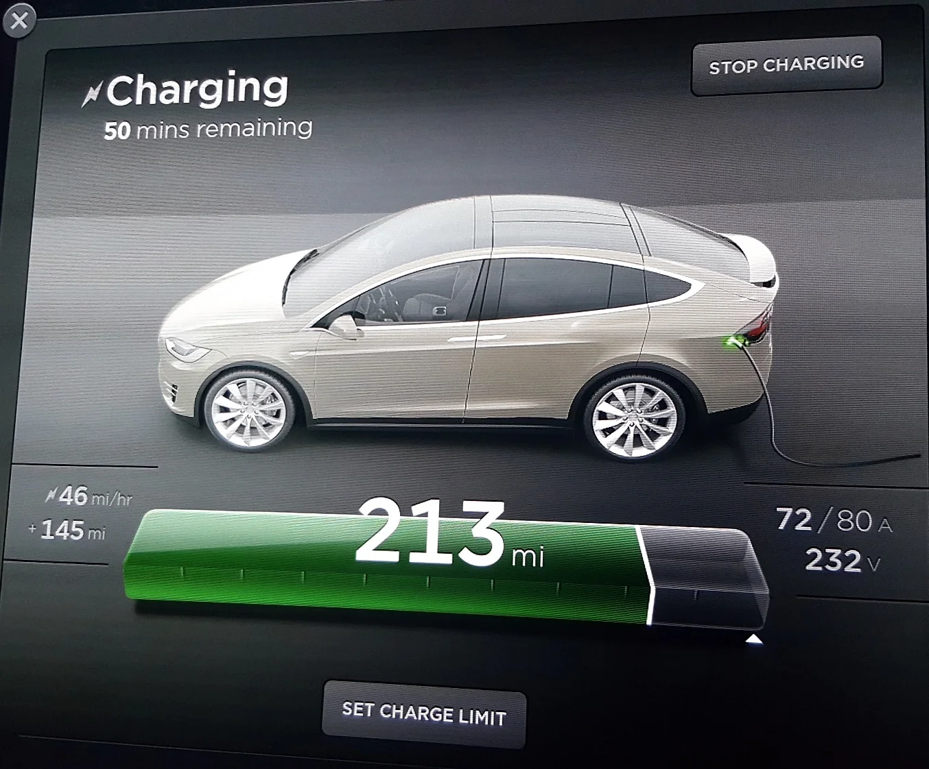 Here's what the display looks like on our touchscreen during charging. We stopped in Bend, OR, to explore the town. While at the destination charger at the Riverbend Hotel, we enjoyed a lovely lunch at their restaurant overlooking the river, then took a pleasant walk. 