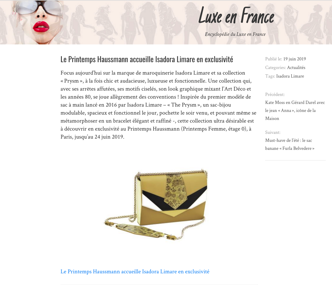 LUXE EN FRANCE PARUTION ISADORA LIMARE