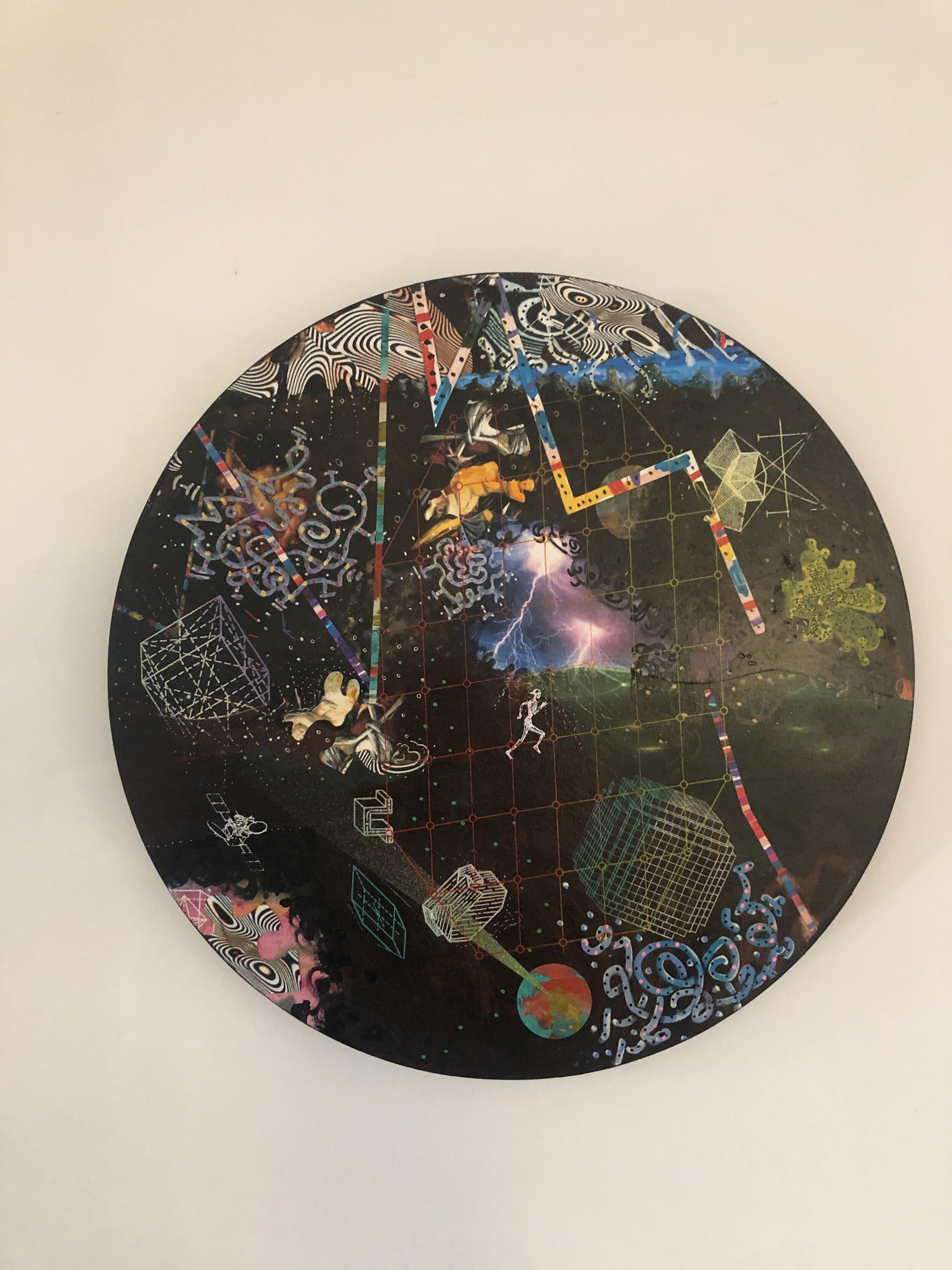 2.	Stephen Spurrier, ‘Ghost Runner’, 2019/2020, mixed media on board, 40cm diameter 