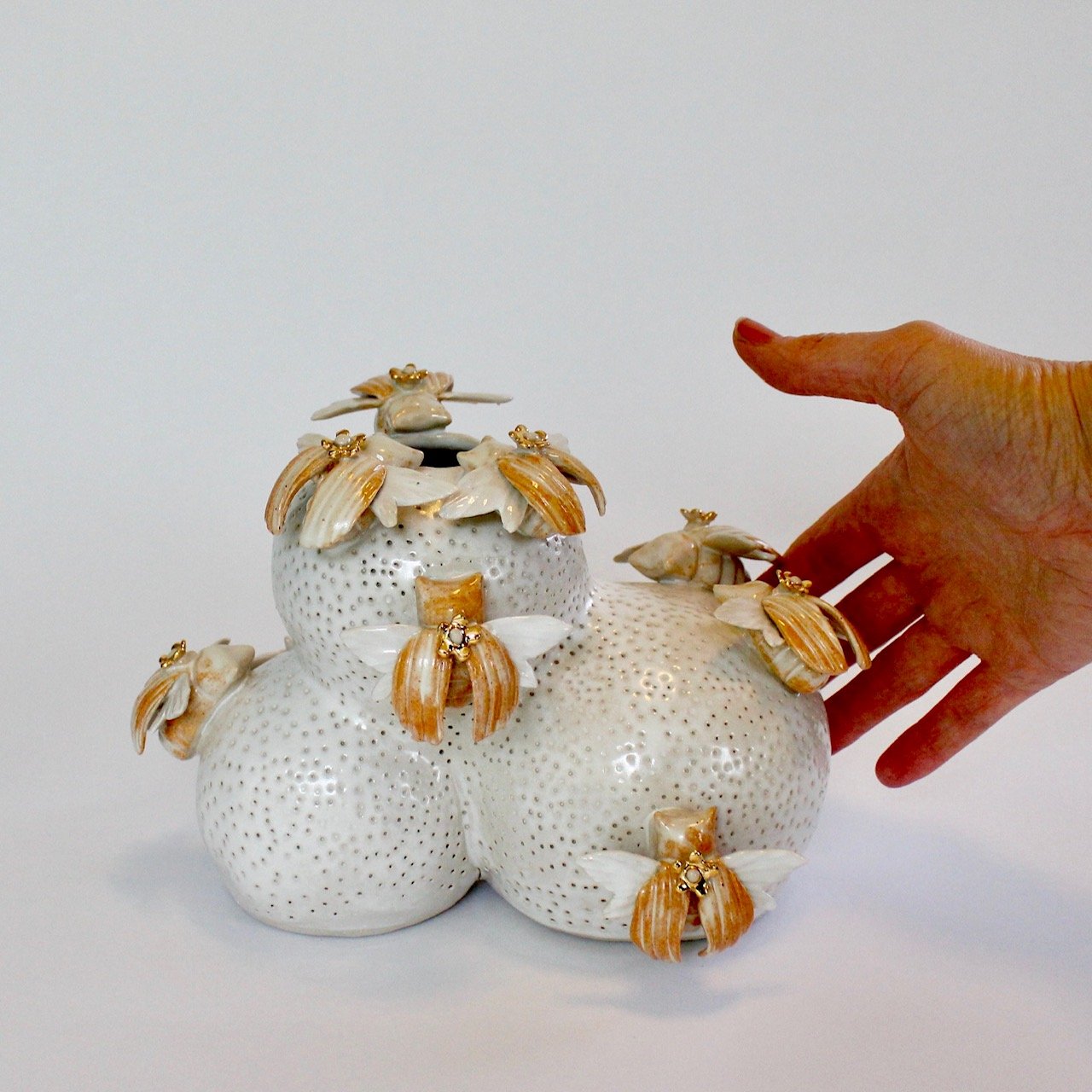 Clairy Laurence, ‘Shino Beetles’, stoneware, 22kt gold luster, 17cm x 25cm x 7cm