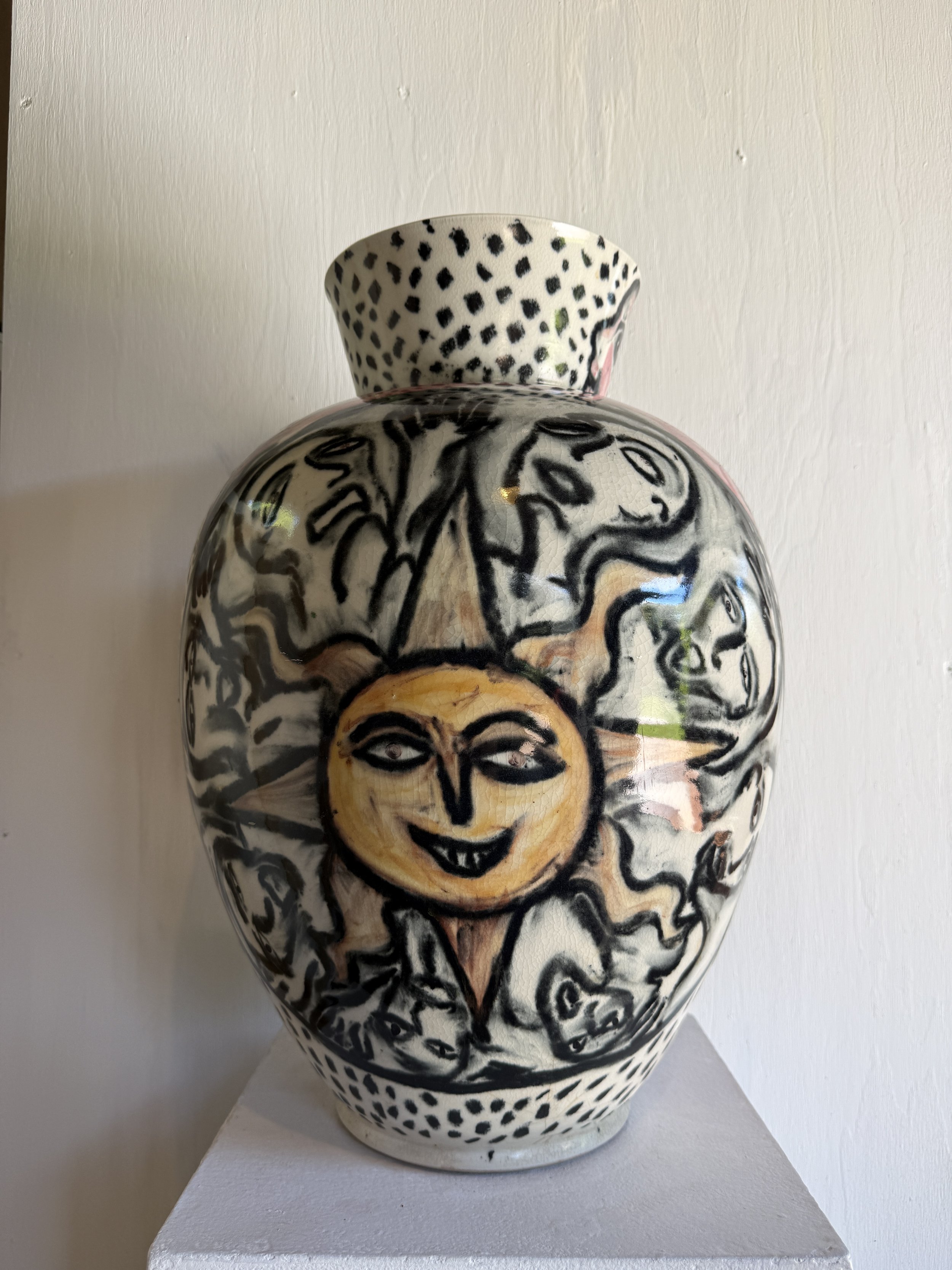 4. David Usher, Masked Sun, 1990, feeneys white stoneware, glaze, underglaze, and ceramic crayon, 50 x 35cm