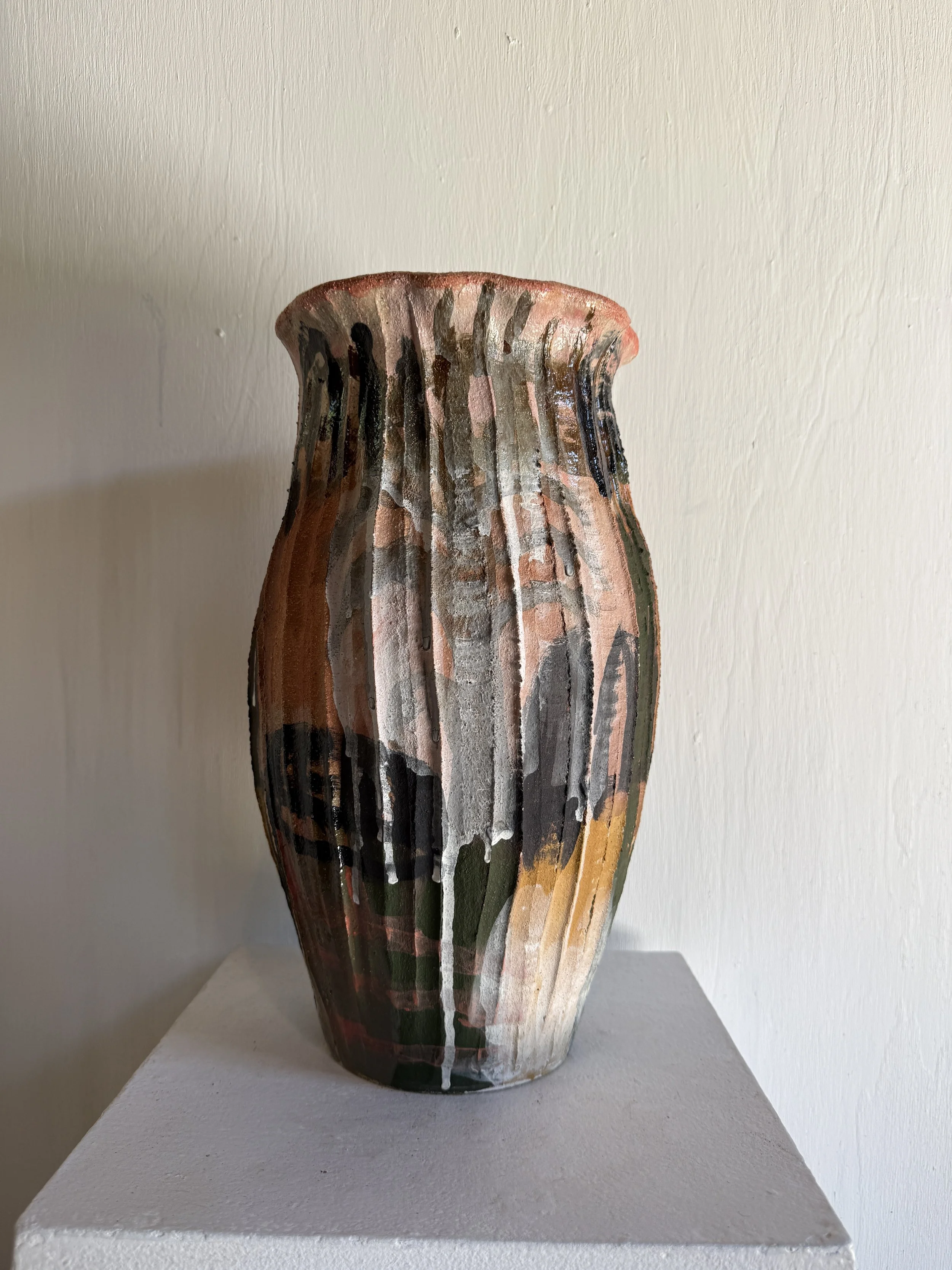 David Usher, July 1, 2025, white raku fired to 1280 and ungerglazed and glazed, 38 x 22cm