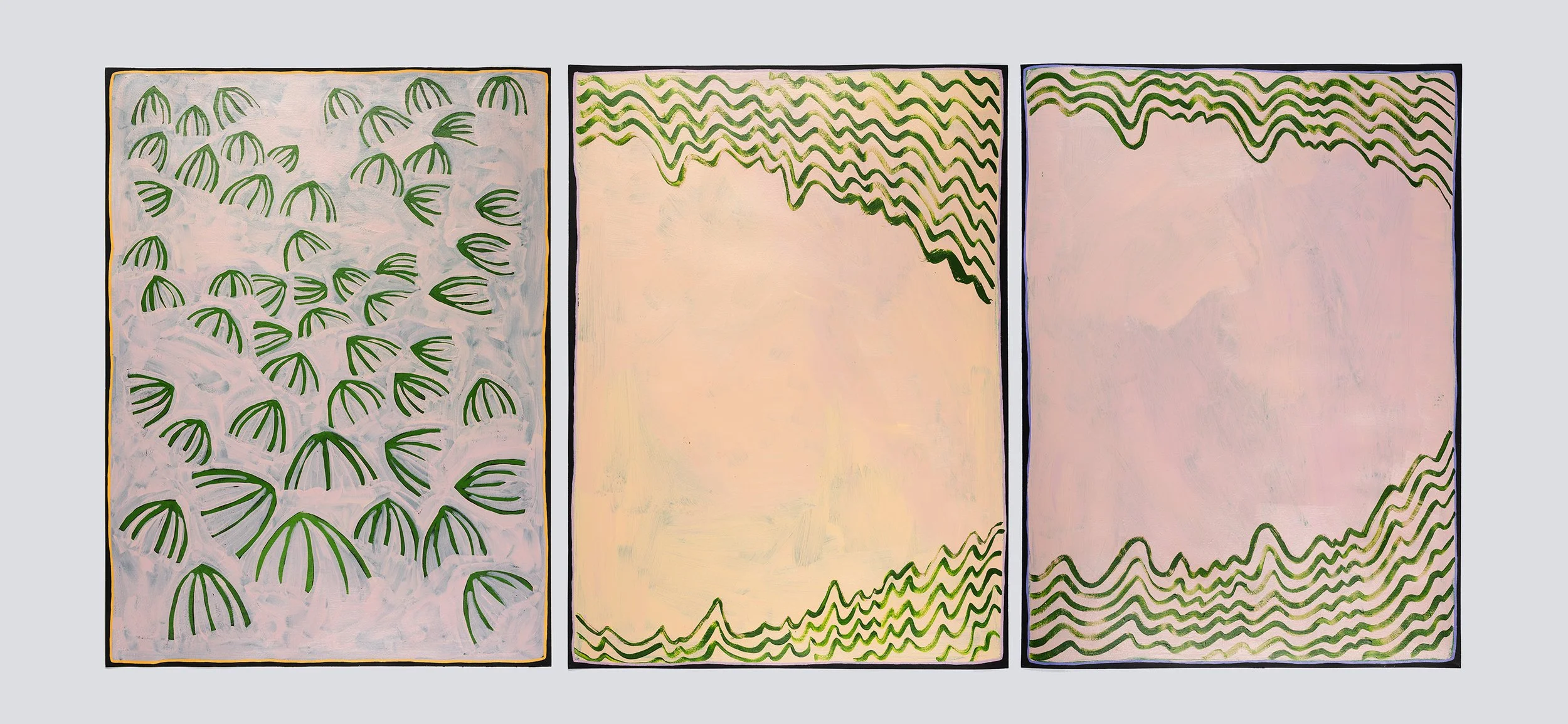Hayley Megan French 'Bundanon Patterns (Illawarra Flame Tree and tree line reflections)', 2024, acrylic on paper, 172cm x 56cm (triptych)