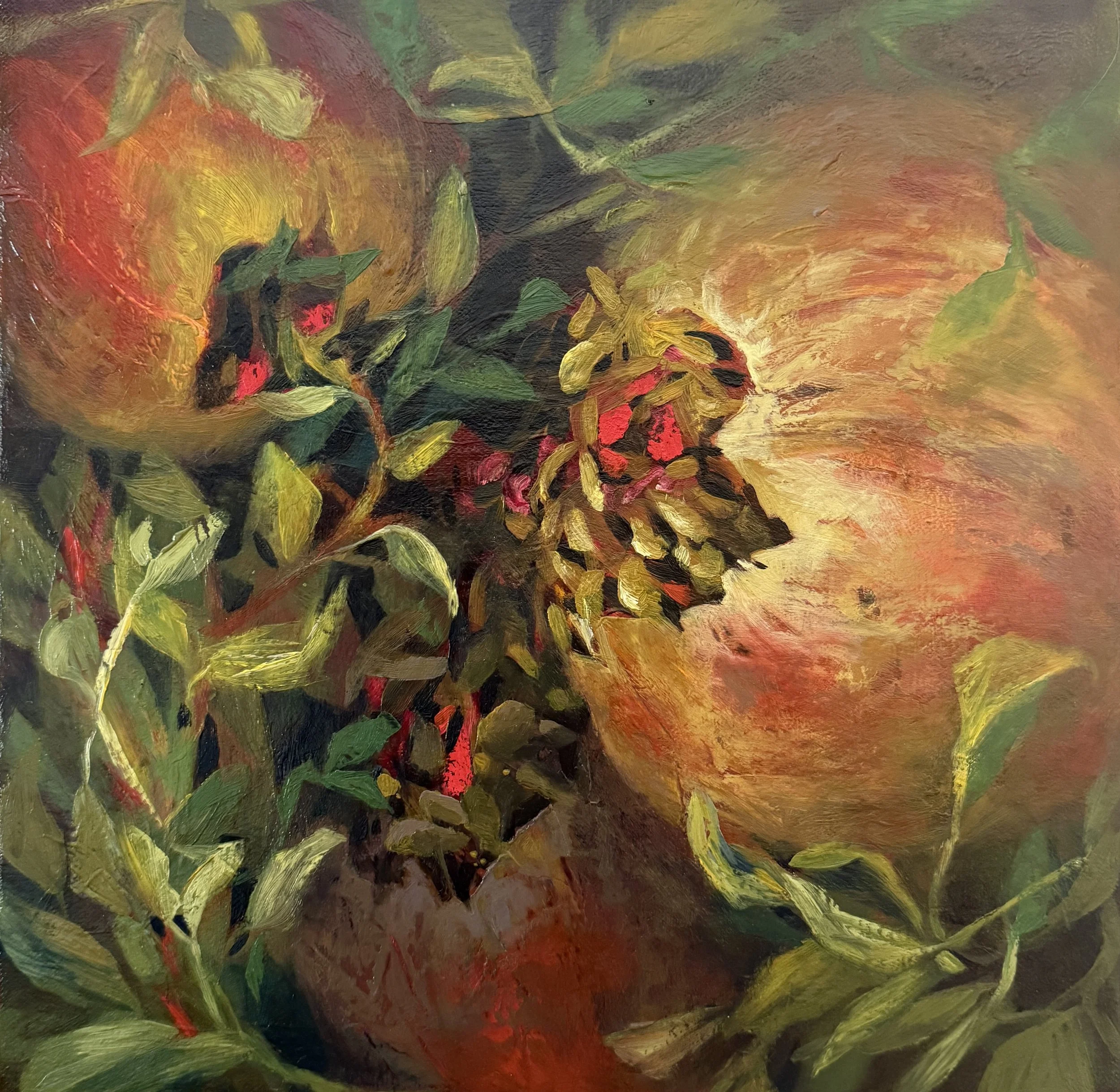 Monica Usher, 'Pomegranates', 2026, oil on linen, 33 x 33cm (framed)