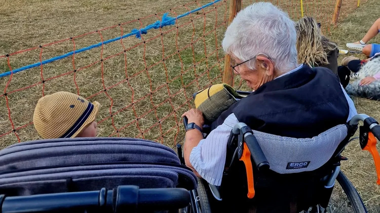 Young child in a pushchair chatting with an elderly adult in a wheelchair while watching a country show