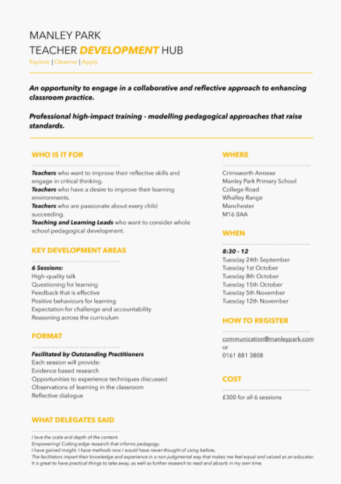 Manley Park Teacher Development Hub CPD flyer autumn 2019.png