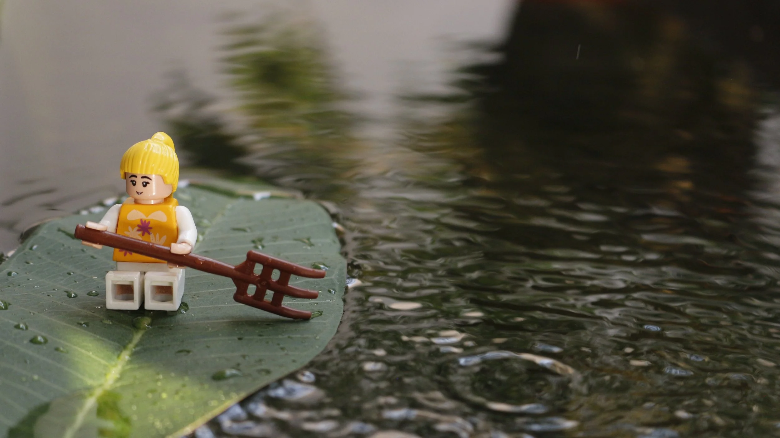 A Lego figure paddling along on a leaf, water droplets alongside