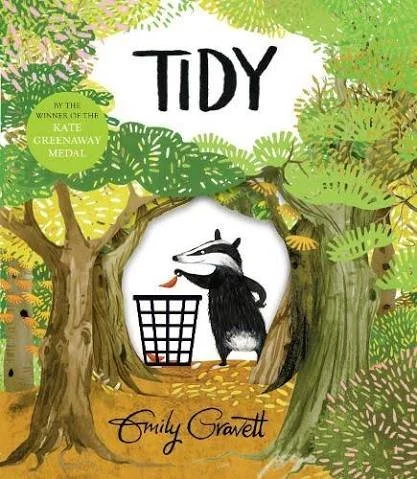 Front cover of Tidy by Emily Gravett - Badger in a forest putting leaves in a bin