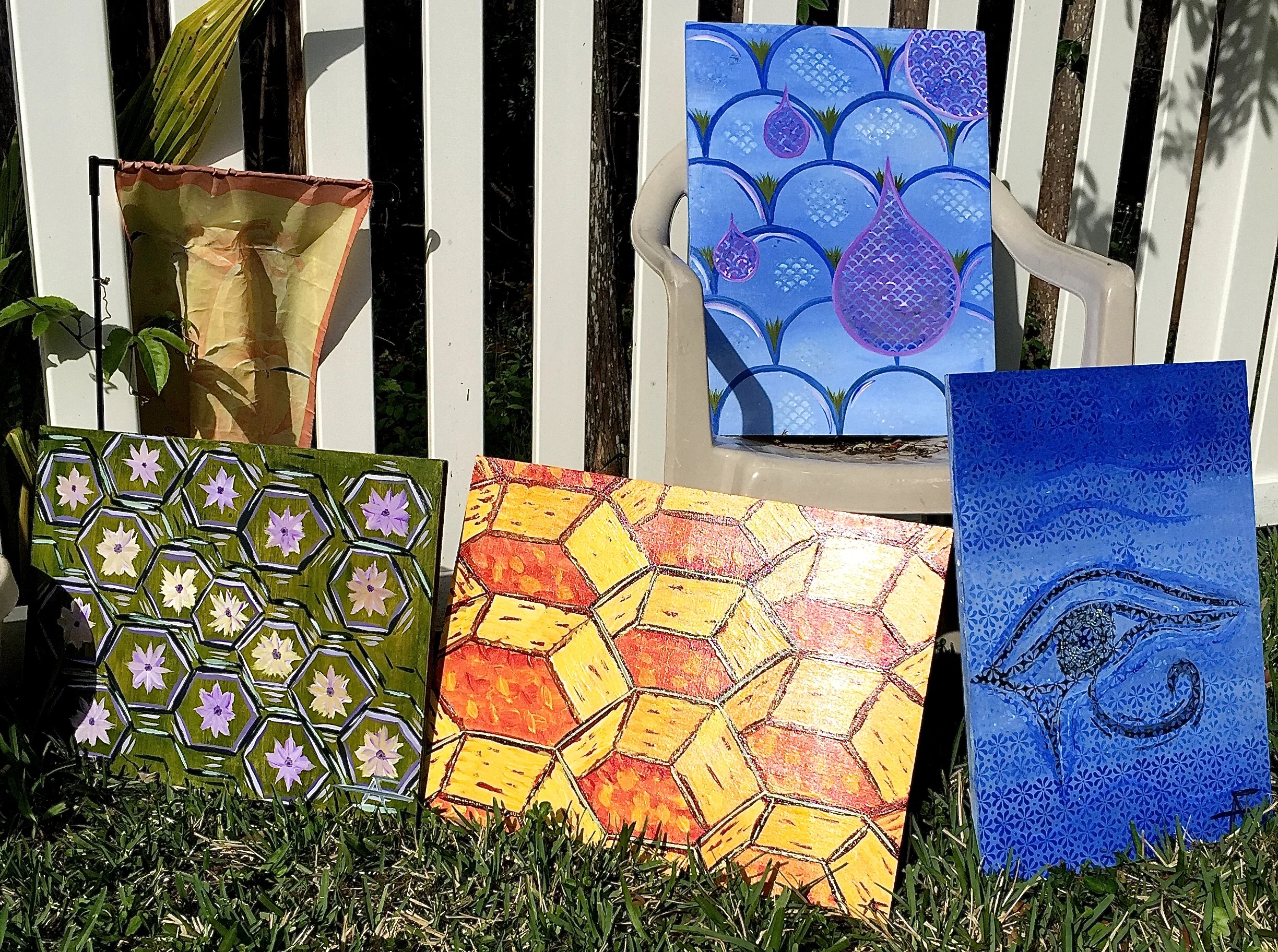 ACRYLIC PAINTINGS ON WOOD BOARDS. I CUT THE BOARDS, THEN CREATE ON THEM. GLOSS FINISHED FOR LUSTRE. BOARDS ARE 16" X 20" (GIVE OR TAKE) AND ARE READY TO BE HUNG