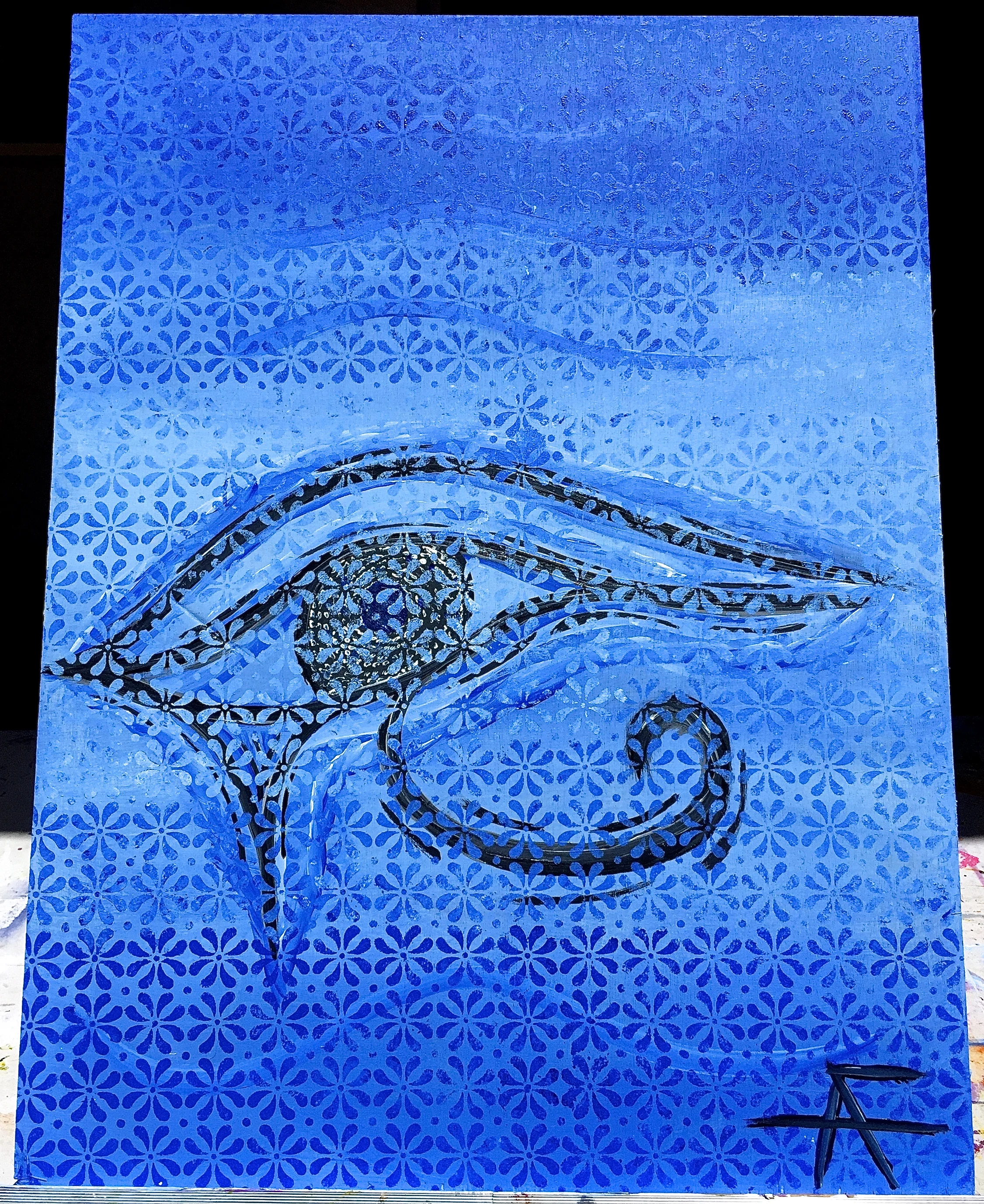 EYE OF RA- ACRYLIC ON WOOD 16" X 20" READY TO HANG $175 USD