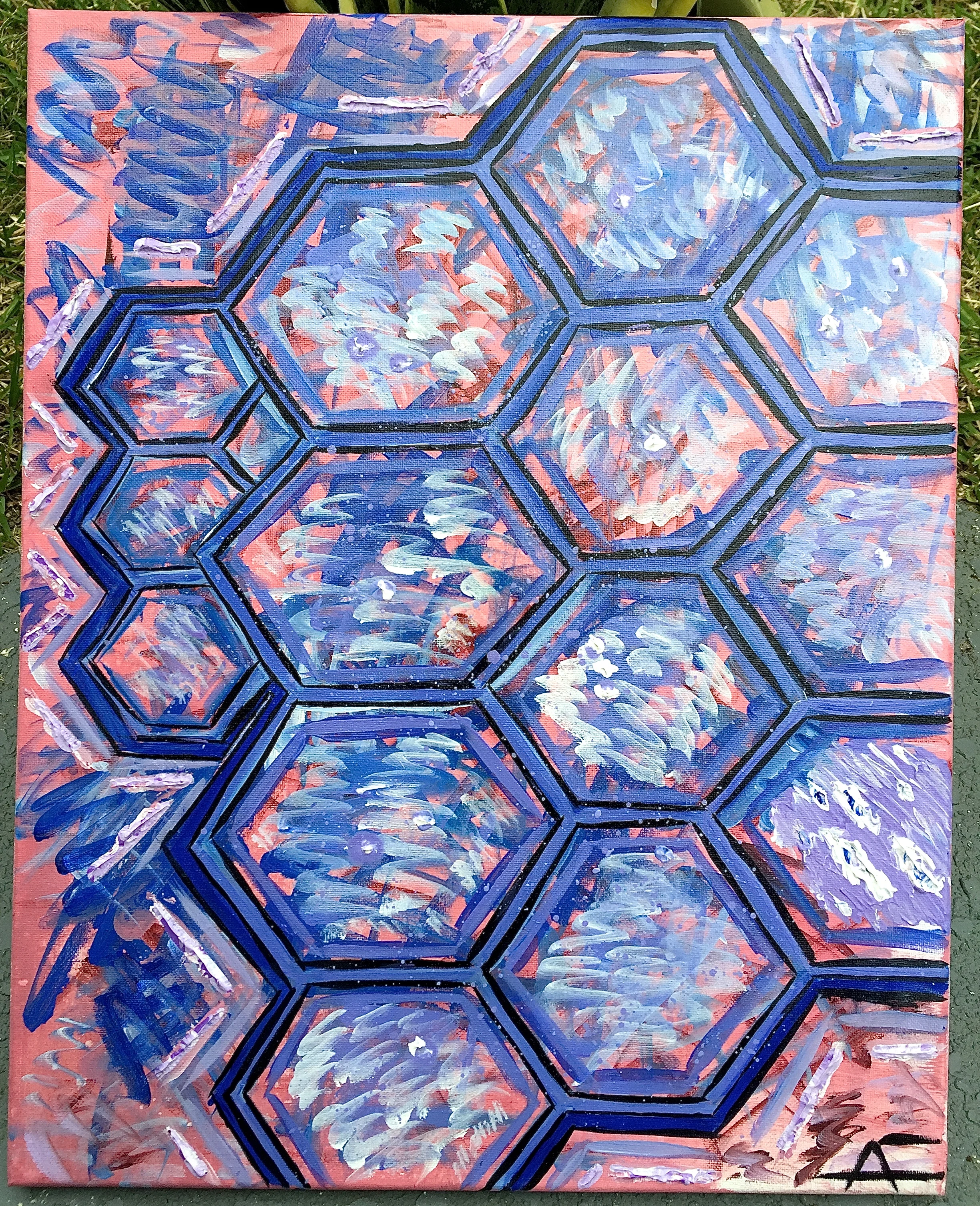 TRIBALISTIC HONEYCOMBS 2- ACRYLIC ON CANVAS 16" X 20" - THIS TRIBAL HONEYCOMB PATTERN IS FULL OF ENERGY-PERFECT TO PERK UP DULL SPACES & KEEP THE ENERGY FLOWING IN ANY AMBIANCE