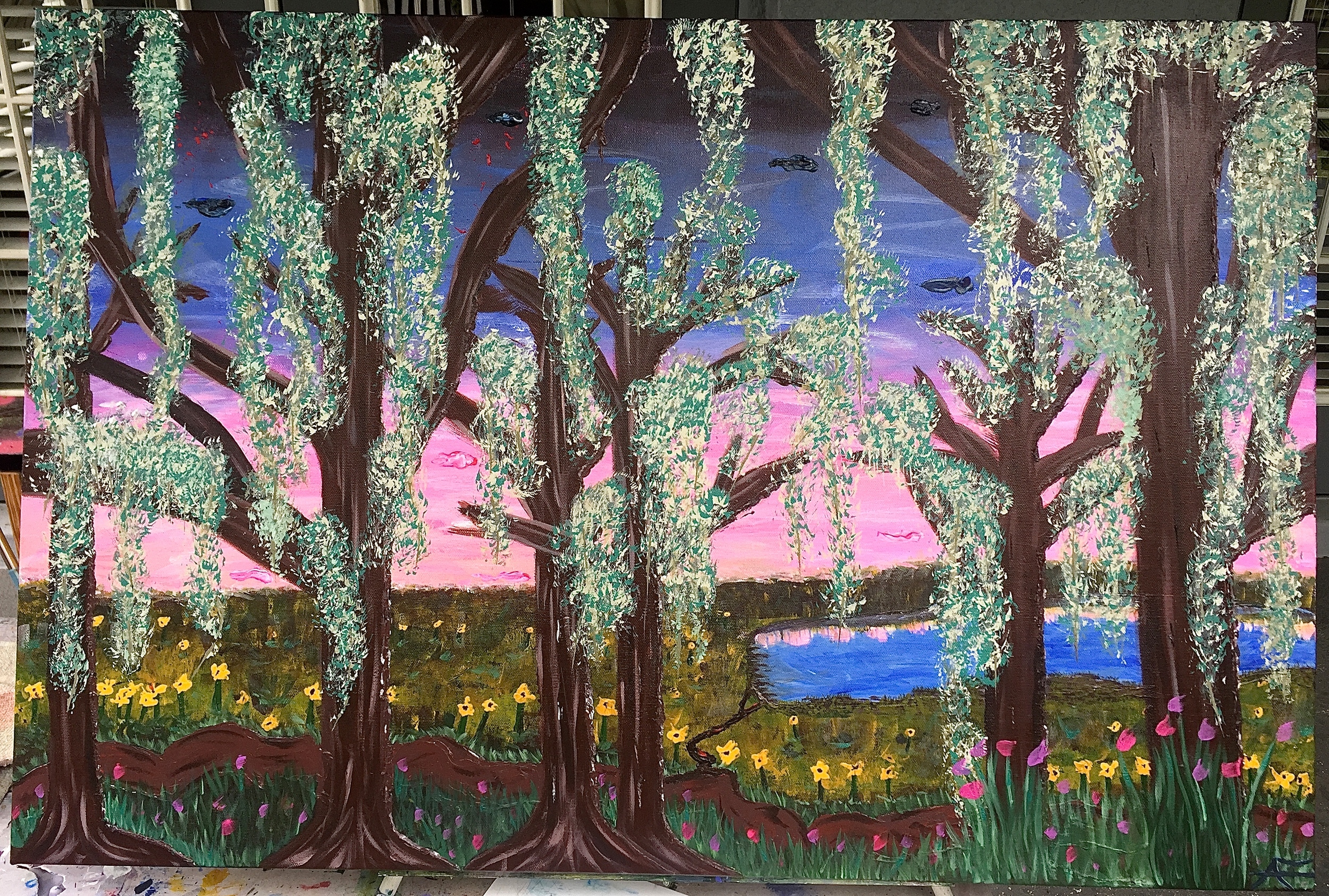 SPANISH MOSS SUNSET•2' X 3'•ACRYLIC ON CANVAS•LOTS OF TEXTURE