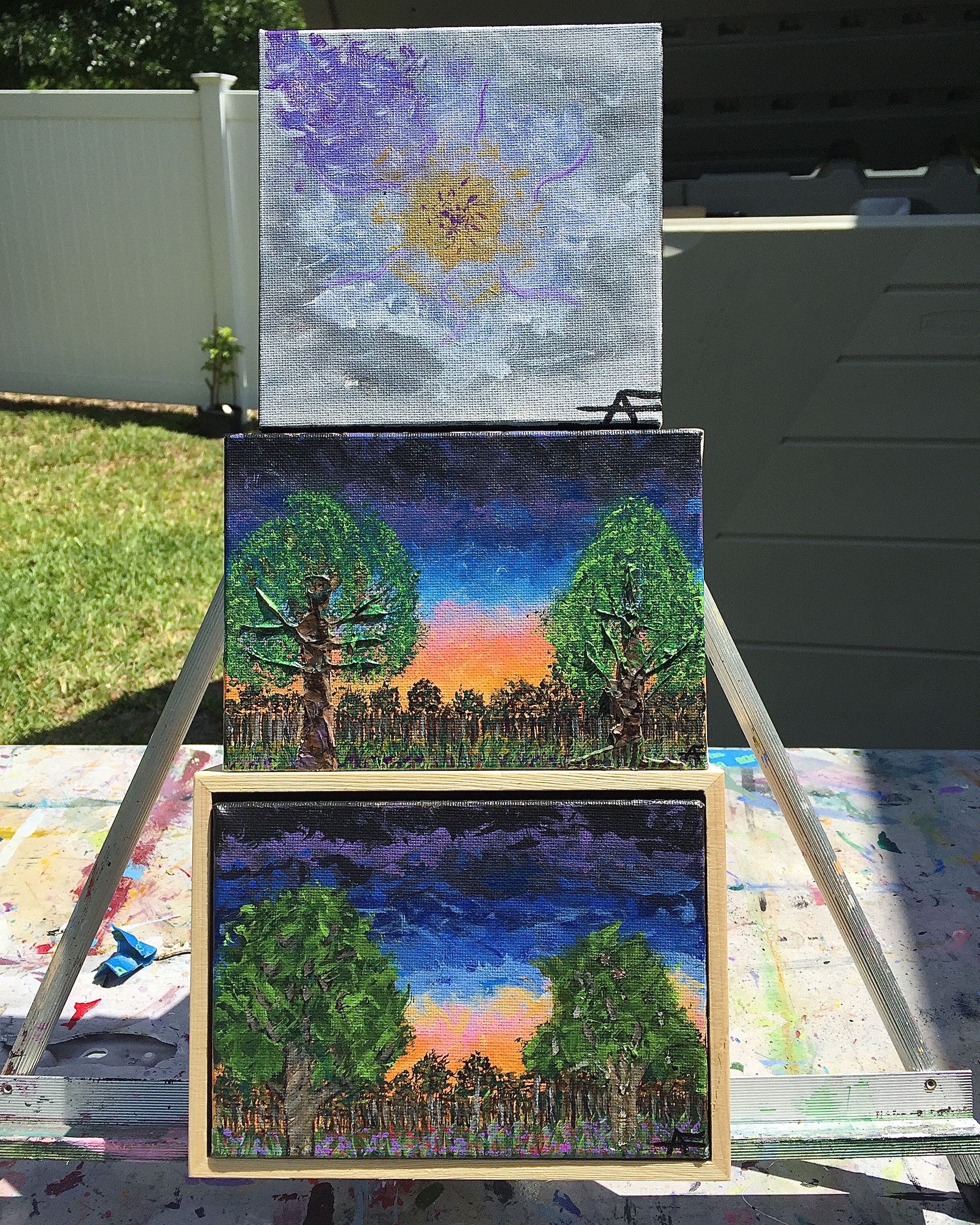 These cool little canvases came with their own frames. I got em on sale at Michael's & they are a blast to paint on. 5" X 7" and the square one is 6" x 6". TRUE STORY: The flower started off just as a practice canvas. I had some leftover black paint, so I decided to work on some brush strokes. I got into a flower pattern groove. The idea was to keep this one in black and white tones. I noticed I had some leftover purple, so I threw it in the mix. Playing off of the Breaking Away flower I painted a while back, I continued with the same style and finished this one off with the purple highlights and touches... When I came inside the house and turned on the television, there were early reports indicating that PRINCE may have passed away. A few minutes later, it was confirmed. A musical legend and guitar genius, ( during my lifetime) the likes of the great Jimi Hendrix, had passed away. Another great one gone. Prince: "You had a great run, your Highness. I hope you and Jimi are engaged in an epic battle of 'dueling guitars' right now, in the celestial bodies up above." I think I will call this flower, "PURPLE REIGN"