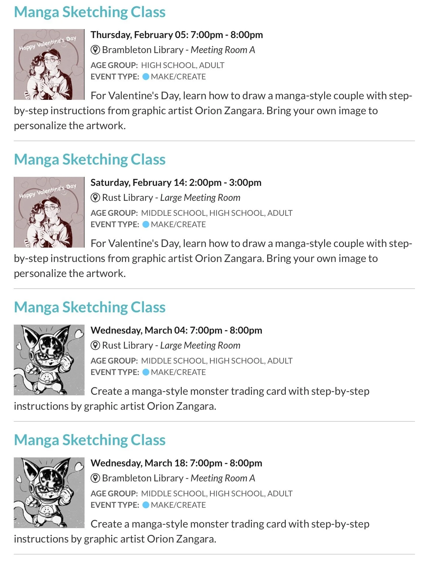 Manga workshops for February and March at the Loudoun County Public Libraries in Loudoun County, Virginia