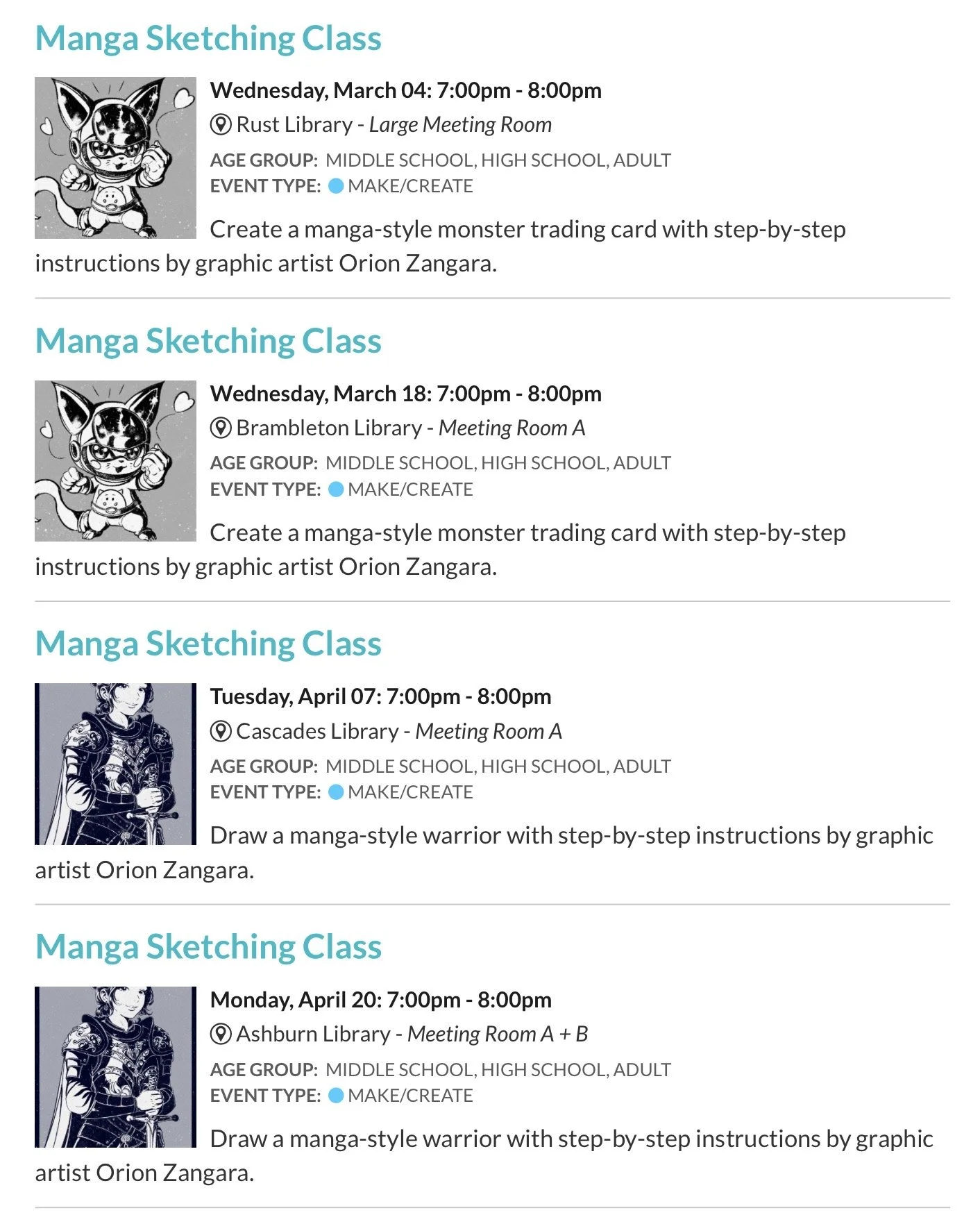 Upcoming manga workshops for March and April at the Loudoun County Public Libraries in Loudoun County, Virginia