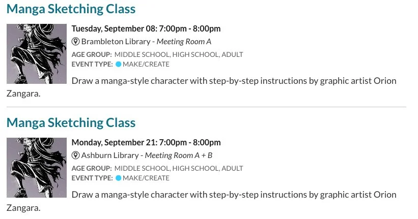 Library Drawing Workshops (Frederick &amp; Loudoun County) Manga Drawing Workshops: Frederick Today + September Loudoun Dates!
