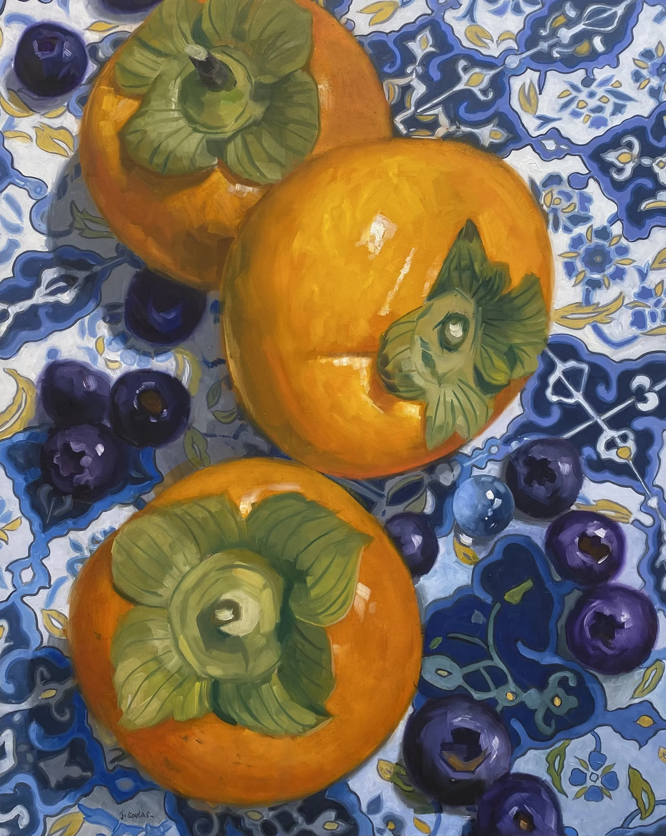 3 Persimmons on a Blue Tile 