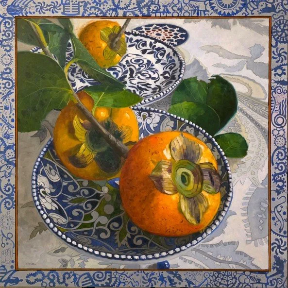 3 Persimmons with a Blue Border