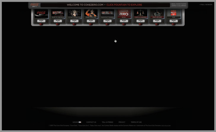 the idea for coke zero's flagship site is to let users click a fountain nozzle and watch the fun. scroll to see the effect. 