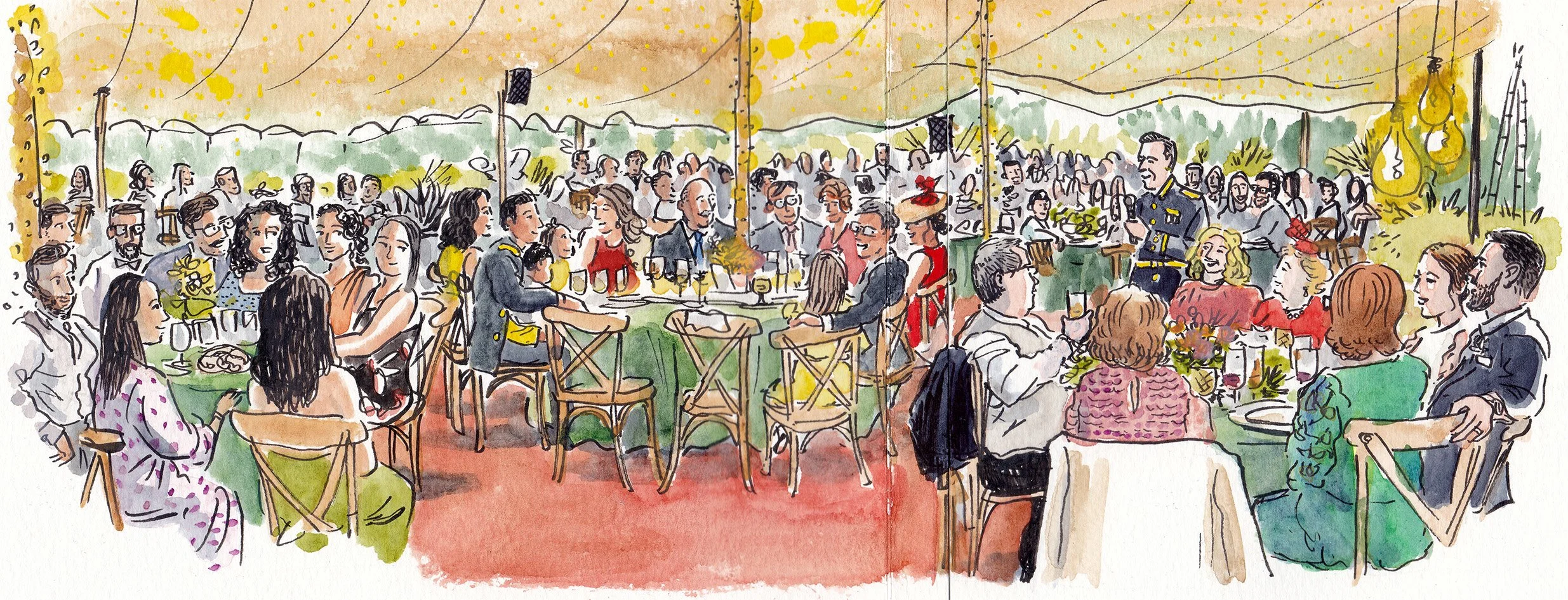 Ilustración de una reunión o celebración al aire libre con muchas personas sentadas en mesas, charlando y brindando, en un ambiente festivo decorado con luces y adornos,