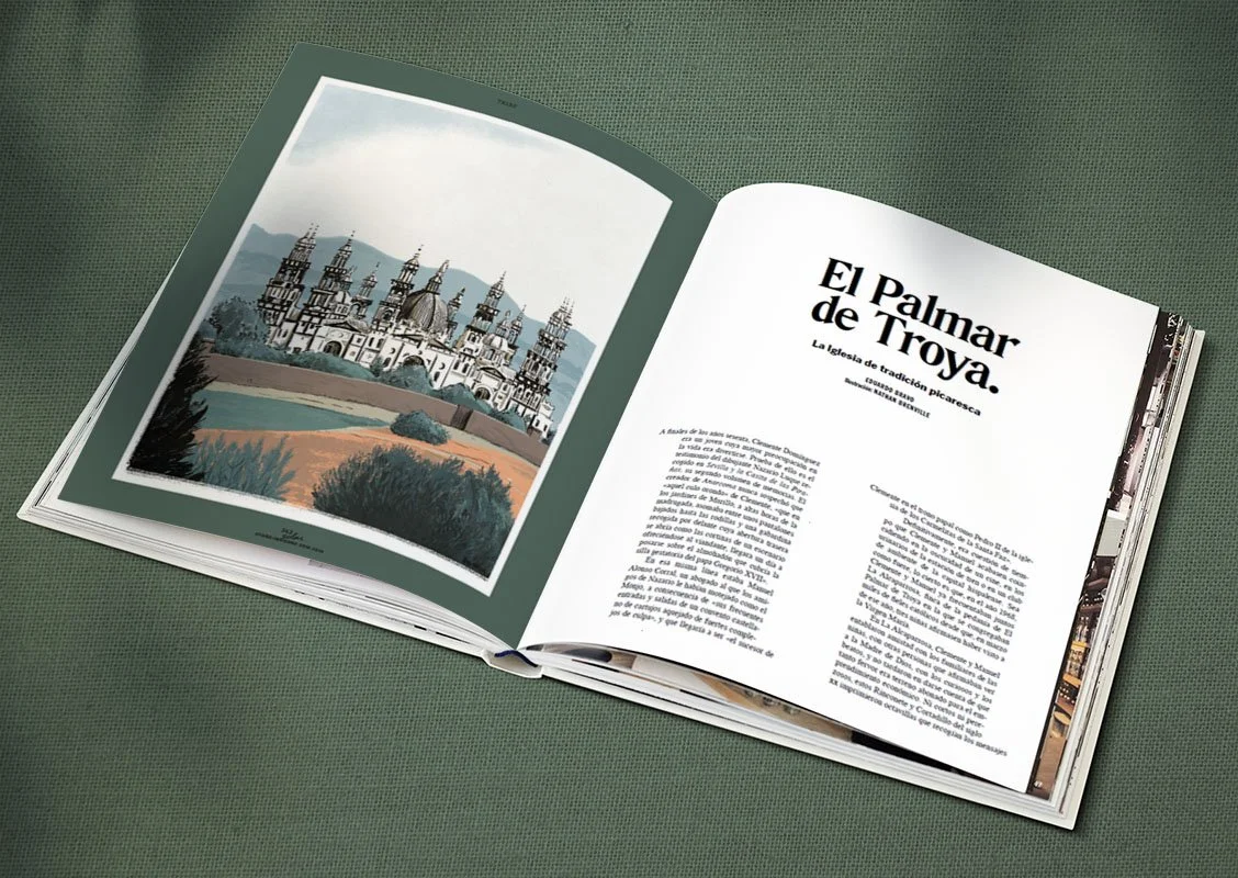 Libro abierto con texto en español y una ilustración de la iglesia de Troya en la página izquierda, sobre fondo verde