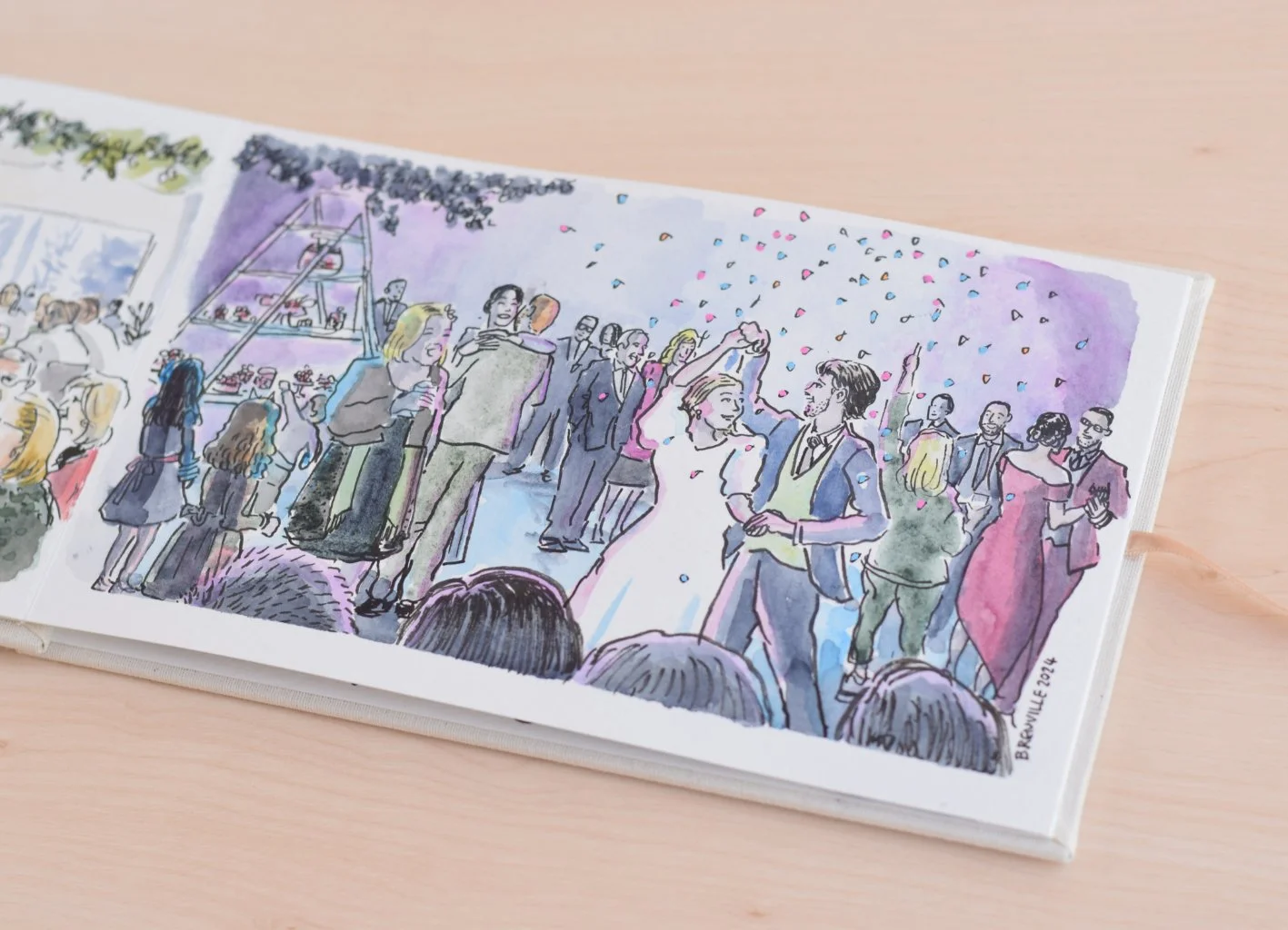 Dibujo de una fiesta con parejas bailando, confeti en el aire y gente socializando en el fondo.