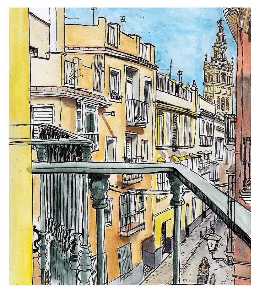 Pintura de una calle en una ciudad con edificios de varios pisos y un torreón en el fondo, vista desde un balcón con barandales de barrotes. Incluye algunas personas caminando y un par de niños.