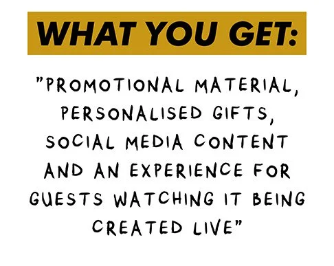 Diapositiva con texto que explica lo que se obtiene: material promocional, regalos personalizados, contenido en redes sociales y una experiencia para invitados que ven que se crea en vivo.