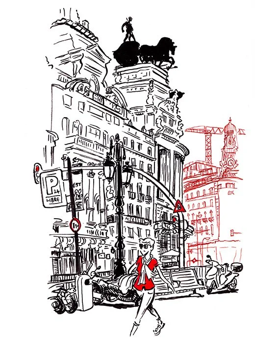 Ilustración de una ciudad con arquitectura clásica, una mujer caminando con una chaqueta roja, scooters estacionados, señalización de tráfico, y una estatua en la cima de un edificio.