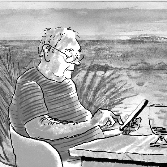 Un anciano con gafas sentándose en una mesa y usando una tableta, con un paisaje al fondo.