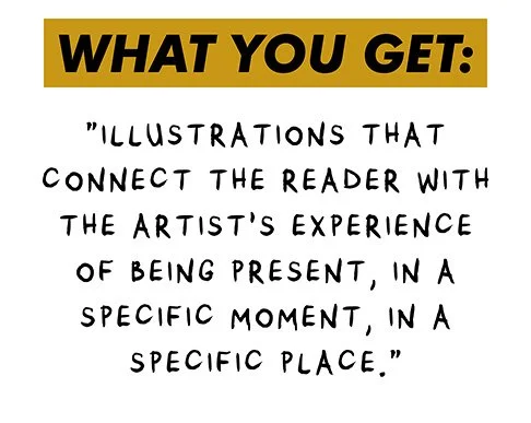 Descripción de una cita sobre ilustraciones que conectan al lector con la experiencia del artista en un momento y lugar específicos.