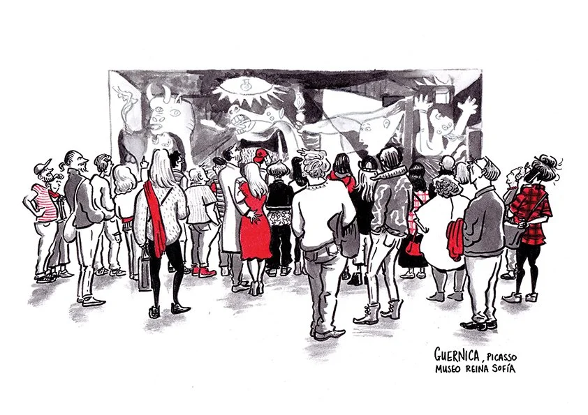 Grupo de personas observando una exposición de arte en el Museo Reina Sofía, con obras de Picasso y Guernica. La ilustración en blanco y negro con detalles en rojo en la ropa de algunas personas.