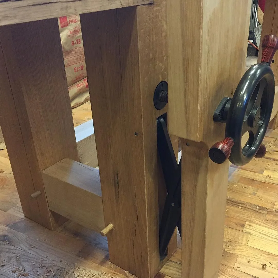 Drawbored and solid! Getting closer to finishing up the new bench, but seems like the last final touches always take the longest… #condortails #madeinusa #madeinmichigan #Benchcrafted #woodshop #workshop #woodwork #handmade #cherry #beech #workbench #roubo #tenon #dovetail #legvise #wagonwheel #woodworking #mcmfurniture #lienielsen #whiteoak #emmert #vise #patternmaker http://ift.tt/1T6aZnO