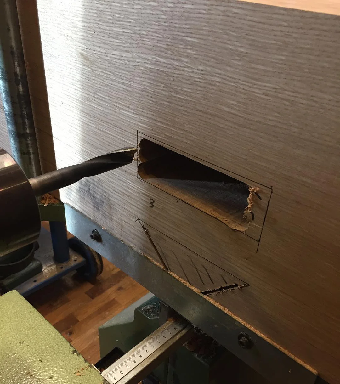 I’m using my slot mortiser to hog out most of the waste on these massive 2-1/8" x 6-3/8" mortises. I can’t quite reach through the entire slab (or to the top of the mortise) so it will need to be flipped and attacked from the other side as well.
#workbench #roubo #workshop #woodwork #woodworking #wood #whiteoak #jointer #handmade #handtools #madeinusa #madeinmichigan #shop http://ift.tt/1lUGTX8