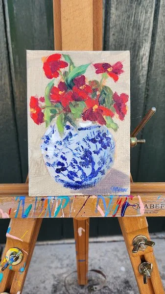 Red Blooms in Chinoiserie Pot on easel.jpg