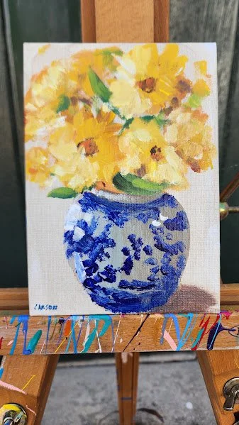 Yellow Mums in Small Chinoiserie Pot on easel.jpg